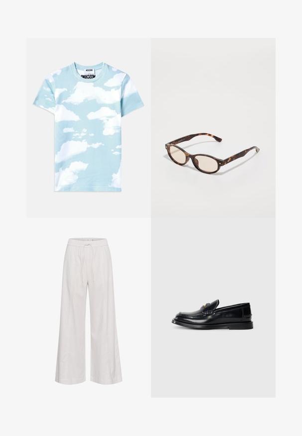 Lichtblauw katoenen t-shirt met een cloudprint ontwerp in verschillende tinten wit. Klassieke ronde hals en korte mouwen.; Wijdvallende broek van zacht witte stof, met een elastische tailleband en een trekkoord, een gladde textuur en zonder extra versieringen.; Zwarte leren instapper met een gestikt ontwerp, een kleine voorklep en een platte rubberen zool. Glad textuur met goudkleurige hardware accent.; Schildpadbril met een ronde vorm en lichte lenzen. Heeft stevige armen met kleine gouden accenten, gemaakt van plastic materiaal.; Zwarte nepbont handtas met gouden en zilveren kettinghandvatten. Bevat het "MOSCHINO" logo in het wit aan de voorkant. Zacht aanvoelend en rechthoekige vorm.