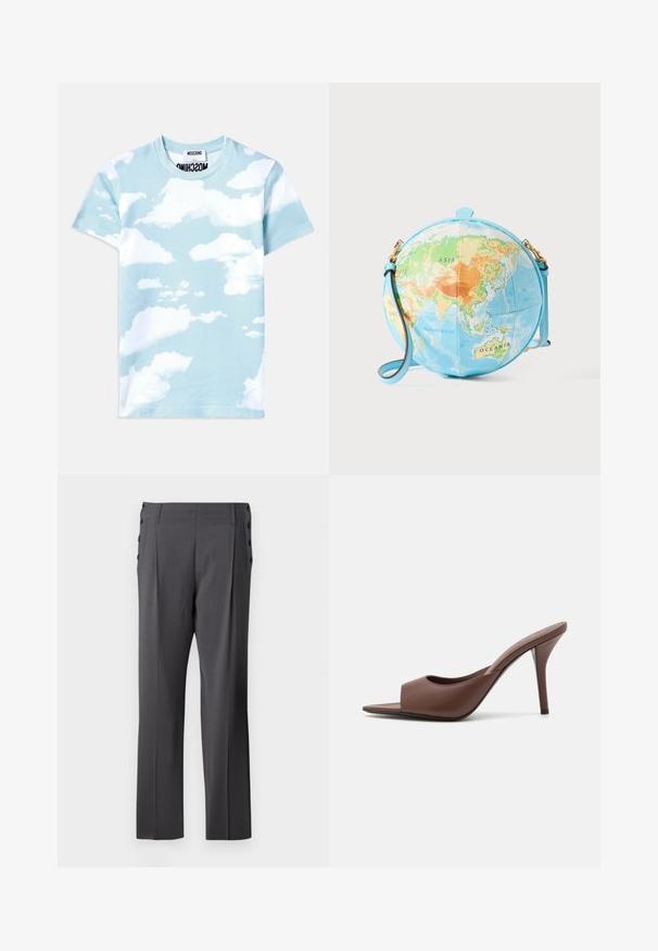 Lyseblå bomulds t-shirt med et skyprintdesign i forskellige nuancer af hvid. Klassisk rund hals og korte ærmer.; Grå skræddersyede bukser med lige ben, frontfolder og dekorative sidelommer for ekstra detalje. Glat stofstruktur.; Brune læder open-toe højhælede mules med et slankt design, der har en bred frontrem og en slank stiletto-hæl.; Rund skuldertaske, der ligner en globus, med en lyseblå bund og detaljeret kort i grønne, orange og blå nuancer; med gulddetaljer.