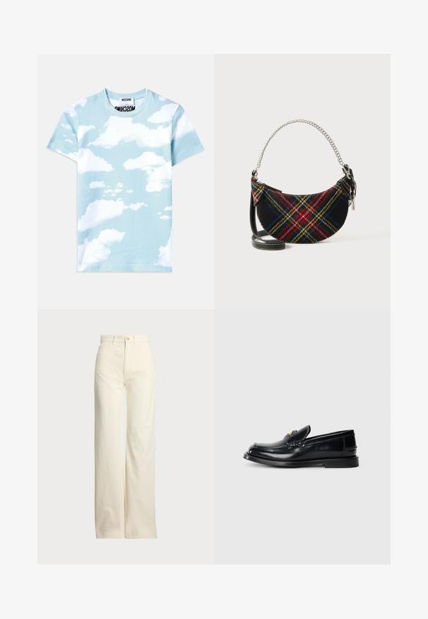 Camiseta de algodón de color azul claro con un diseño impreso de nubes en diferentes tonos de blanco. Cuello redondo clásico y mangas cortas.; Polo Ralph Lauren COTTON CORDUROY WIDE-LEG PANT - Pantalones - warm white; Mocasín de cuero negro con un diseño cosido, una pequeña solapa frontal y una suela de goma plana. Textura suave con un acento de herrajes en tono dorado.; Bolso de mano con patrón tartán, hecho de una mezcla de lana, con forma de media luna, asa de cadena de plata y correa de cuero negro desmontable.
