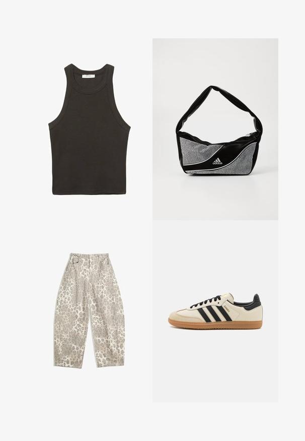 Dark gray sleeveless tank top made of cotton blend fabric, featuring a rounded neckline and clean edges. No visible patterns or accents.; Leopard print trousers in a light beige color, featuring a high-waisted design, wide legs, and two front pockets. Designed from a smooth fabric.; Beige athletic shoe with black stripes, gum rubber outsole, and black accents. Features a smooth leather upper and a rounded toe design.; Black and silver adidas handbag with a smooth texture, featuring a shiny studded pattern and a distinctive curved design.