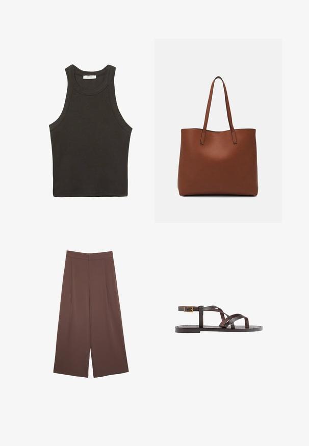 Canotta senza maniche grigio scuro realizzata in tessuto misto cotone, con scollatura rotonda e bordi puliti. Nessun motivo o accentuazione visibili.; Pantaloni ampi marroni con una texture liscia, caratterizzati da una vita alta e pieghe frontali. Il tessuto è leggero e scorre liberamente.; Sandal in pelle marrone con cinturini incrociati, chiusura con cinturino alla caviglia e suola piatta con dettagli di cucitura minimi.; Borsa tote in pelle marrone con texture liscia, design con apertura superiore e due spallacci. Presenta cuciture minime e nessun hardware visibile.