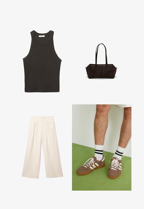 Dark gray sleeveless tank top made of cotton blend fabric, featuring a rounded neckline and clean edges. No visible patterns or accents.; Wide-leg trousers in a light beige color with a soft, textured fabric. Features front pleats and an elastic waistband for a relaxed fit.; Brown suede sneakers with white accents and laces. Rubber gum sole. Worn with white socks featuring black stripes. Green textured flooring.; Dark brown suede handbag with elongated handles, a structured rectangular shape, and a smooth texture. Features angled side seams and no visible hardware.; Gold chain necklace with elongated, rectangular links. Worn over a black lace collared shirt, displaying a smooth, polished finish.