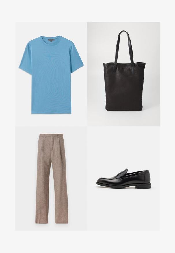 Šviesiai mėlynas medvilninis marškinėlis su apvaliu kaklu, trumpomis rankovėmis ir mažu siuvinėtu logotipu ant krūtinės. Švelni tekstūra, paprastas dizainas.; Rudos, aukšto liemens kelnes, pagamintas iš tekstūruotos medžiagos. Plati kojos, dvi priekinės klostės struktūrai. Tvarkingas apdailos darbai, be matomų detalių.; Juodos odinės loafers, turinčios lygų paviršių, apvalią noselę ir dekoratyvinę juostą per priekinę dalį. Žemas krentantis kulnas, minimalistinis dizainas.; Juodas drobės pirkinių maišelis su juodais odiniais rankenomis. Paprastas dizainas, erdvus kūnas ir lygus paviršius. Nėra matomų logotipų ar raštų.