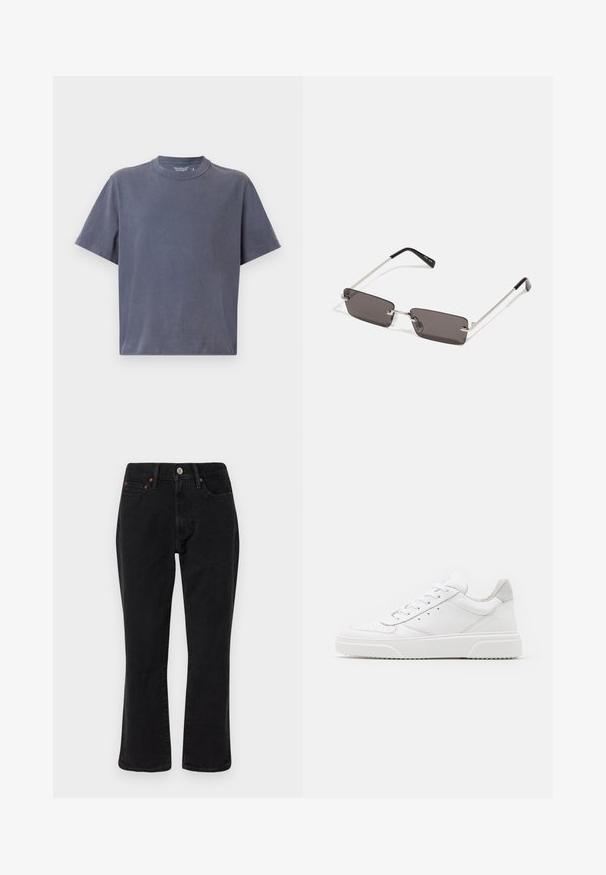 Mörkgrå t-shirt med kort ärm, tillverkad av mjuk bomull, med klassisk rund hals och avslappnad passform. Slät textur utan mönster.; Svarta denimjeans med rak benform, femfickorsdesign och metallbeslag med kopparaccenter. Mjuk textur och medelhög midja.; Vita lädersneakers med en slät yta, rund tå, platta snören och en texturerad sula. Grå mockadetalj vid hälen.; Solsken med rektangulära, mörkgrå linser, silverfärgade metallramar och svarta plastspetsar på bågarna. Lättviktsdesign med näskuddar.