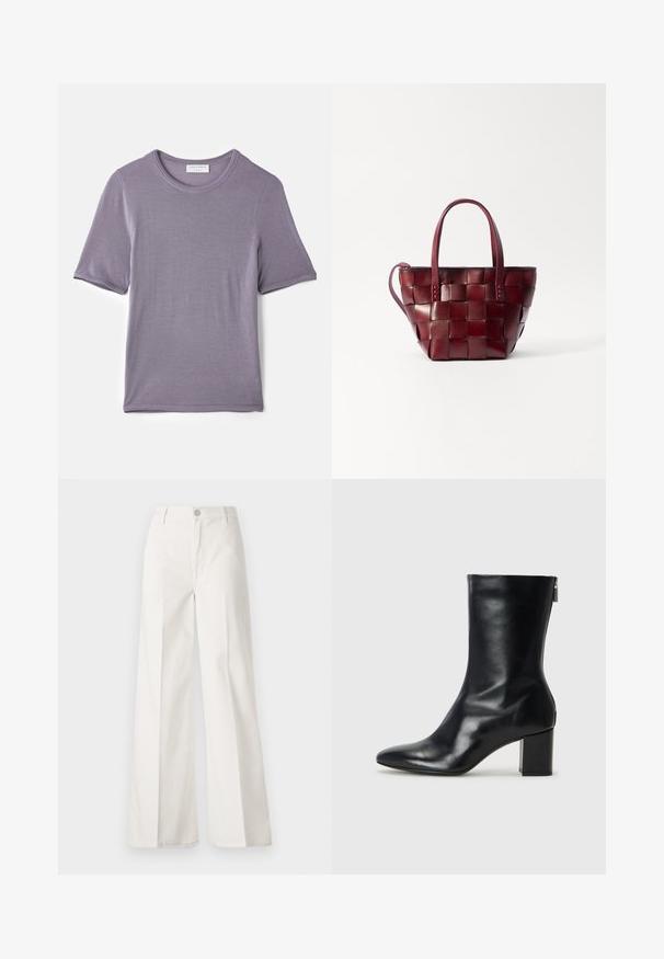 Lilla lühikeste varrukatega T-särgid pehmest kangast, ümmarguse kaelusega ja sirge servaga, sile tekstuur ja ilma nähtavate mustriteta.; Valged laiade jalgadega püksid, mis on valmistatud siledast puuvillast. Omab esitallist ning lukuga sulgemist ja nelja tasku disaini.; Must musta ankle boot teravaid varvastega ja 4 cm plokknõela. Suurepärase disainiga, millel on külgrihm lihtsaks läbi panemiseks. Sile tekstuur.; Kootud burgundia nahast käekott, millel on kaks lühikest sangakäepidet ja eemaldatav õlavarre rihm. Omab struktureeritud kuju ja sujuvat tekstuuri.