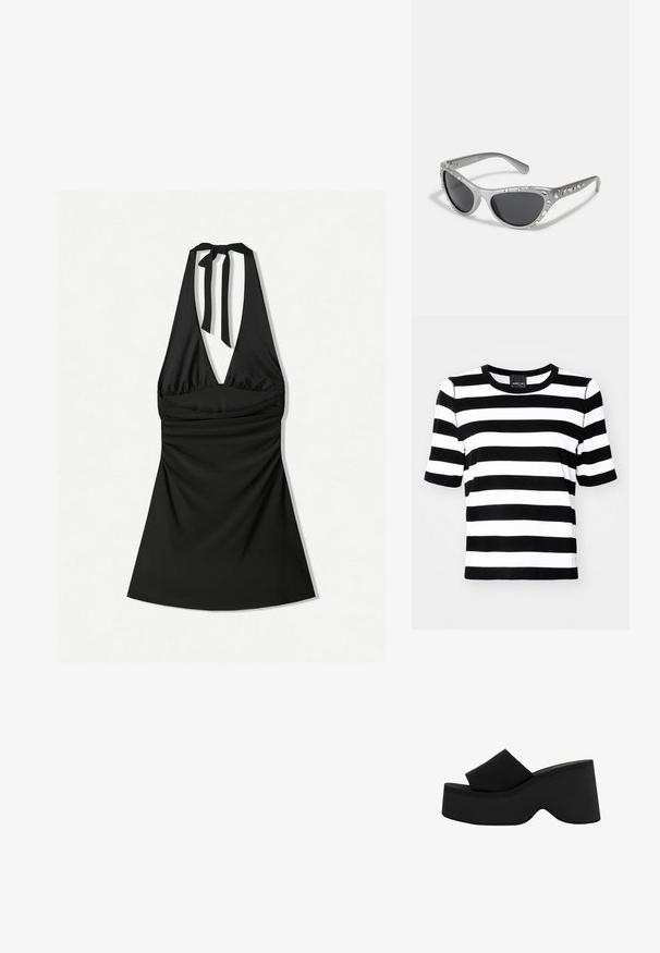 Fekete-fehér csíkos, rövidujjú póló, kerek nyakkivágással és laza szabással. Puha anyag, egyenletes csíkmintával.; Fekete pánt nélküli ruha mély dekoltázzsal, redőzött mellel és nyakba köthető pánttal. Az anyag sima és enyhén fényes.; Fekete platform papucs vastag, kerek talppal és széles pánttal. Simás textúra, minimalista dizájn és körvonalazott forma a stabilitás érdekében.; Ezüst macskaszem napszemüveg sötét lencsékkel, világos drágakő díszekkel az kereten. Matt felület, ívelt szárformával.; Beige színű szőtt válltáska ívelt formával és fekete díszítéssel. Felső cipzárral zárható, az elején logó matricával rendelkezik.