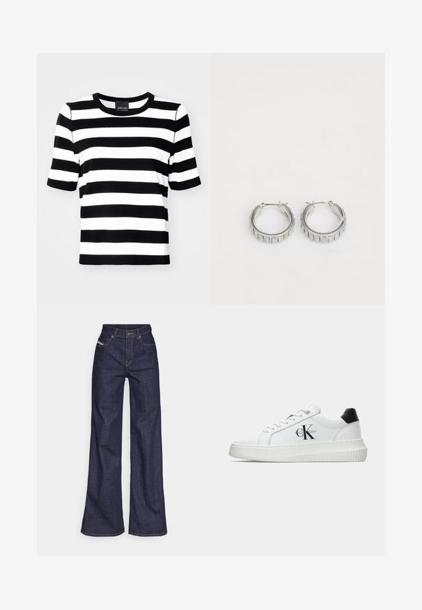 Black and white striped t-shirt with short sleeves, a round neckline, and a relaxed fit. Soft fabric with even stripe pattern throughout.; Dark blue wide-leg jeans in denim fabric with a high waist, featuring orange stitching, five-pocket design, and a button closure.; White low-top sneaker with black heel tab, platform sole, laces, and Calvin Klein "CK" logo on the side.; Silver hoop earrings with a textured design featuring vertical ridges. Circular shape with a secure latch closure. Smooth finish.