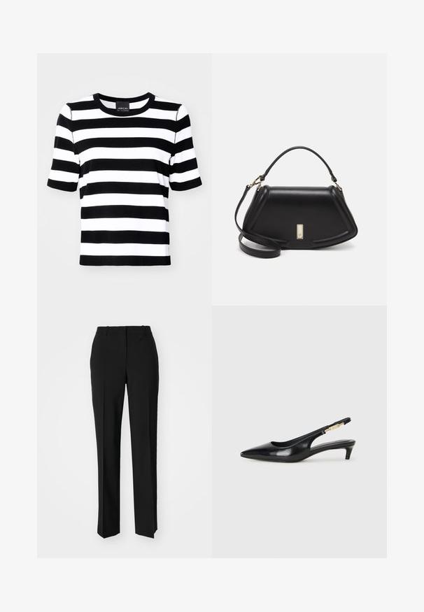 Svart-hvite stripete t-skjorte med korte ermer, rund hals og avslappet passform. Mykt stoff med jevn stripemønster gjennom hele.; Sorte skreddersydde bukser med rett silhuett, med en glatt tekstur og klare pressede bretter foran. Ingen synlig maskinvare.; Sorte lærreim hæler med spiss tå, som har en slank hæl og en gullfarget detalj på den justerbare stroppen. Glatt tekstur.; Sort lærveske med en strukturert design, som har en avkortet form, topphåndtak og detaljer i gull. Justerbar skulderstropp inkludert.
