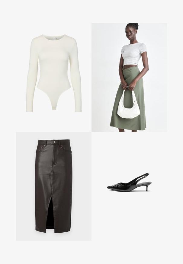 Bodysuit s dugim rukavima u krem boji, izrađen od glatkog materijala. Ima okrugli izrez i dizajn s tanga donjim dijelom, uz usku siluetu i bez zatvaranja.; Smeđa kožna midi suknja s prednjim prorezom, dizajnom s pet džepova i metalnim kopčanjem. Glatka tekstura i kroj koji naglašava figuru.; Crne kožne sandale na petu s ikkrenim nosom, malom kitten petom i dekorativnom mašnom sprijeda. Glatka tekstura svuda.; Sivi rebrasti crop top i maslinasto zeleni suknja visokog struka. Model drži bijelu torbu preko ramena s izrezima. Jednostavan dizajn, tijesna silueta.
