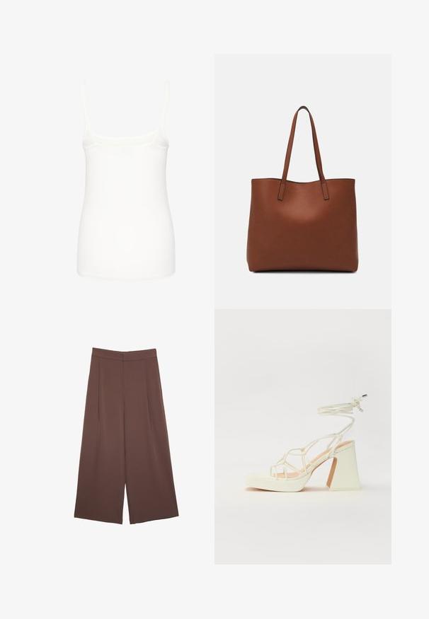 Vit ärmlös linne i slät tyg, med tunna axelband och en figurnära design med rak nederkant. Inga ytterligare mönster eller detaljer.; Bruna vida byxor med en slät textur, som har hög midja och framfickor. Tyget är lätt och flödar löst.; Vit högklackad sandal med en kraftig klack, med ett remdesign och ankelband. Slät textur med en plattform framtill för ökad höjd.; Brun läder tote-väska med en slät textur, öppen toppdesign och två axelremmar. Har minimal söm och ingen synlig metalldetalj.
