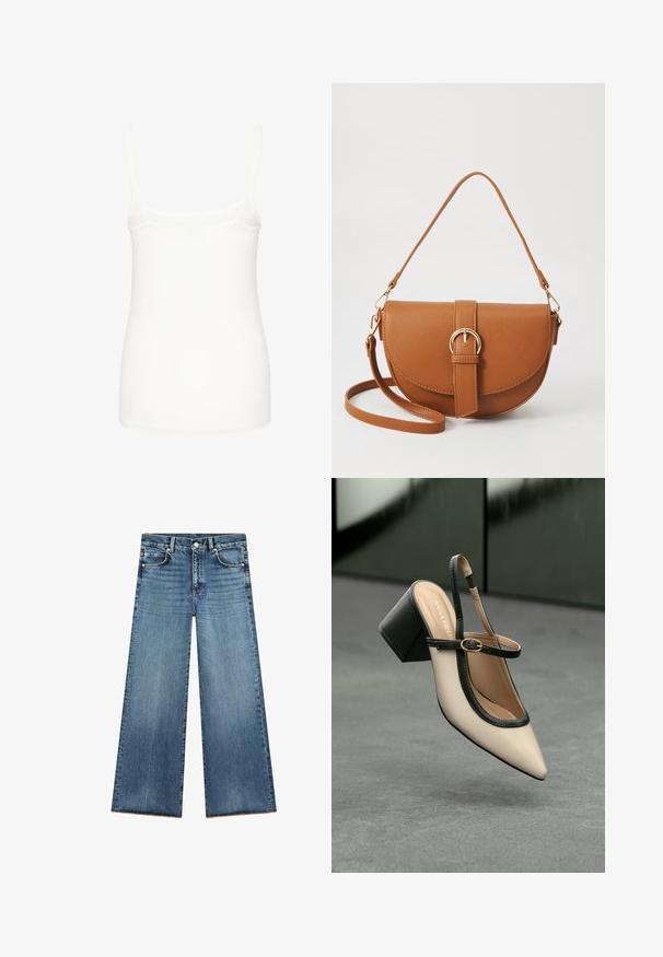 Vit ärmlös linne i slät tyg, med tunna axelband och en figurnära design med rak nederkant. Inga ytterligare mönster eller detaljer.; Ljusblå vida jeans i denim med hög midja, med fem fickor, kontrasterande stitching och fransar vid fållen.; Beige spetstoppad slingback-sko med svart kant, guldspänne och en kraftig blockklack på grått golv med mörkgrön bakgrund.; Brun läder crossbody-väska med en böjd form, gyllene detaljer och en spänneaccent. Har en avtagbar axelrem.