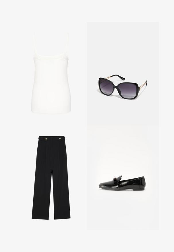 White sleeveless camisole made of smooth fabric, featuring thin straps and a fitted design with a straight hem. No additional patterns or accents.; Black wide-leg trousers with high waist, button details on waistband, and front pleats.; Black patent leather loafer with a flat sole, rounded toe, and a decorative strap featuring a gold-tone accent. Smooth, shiny finish.; Black oversized sunglasses with gradient lenses, thick frames, and gold-tone chain detailing on the temple arms.; Black handbag with structured shape, smooth texture, and a metallic clasp. Paired with wide black pants and open-toe sandals on wooden floor.