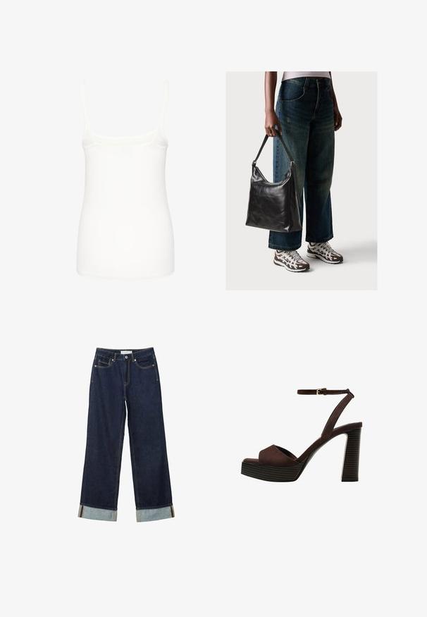 Camisola bianca senza maniche realizzata in un tessuto morbido, con spalline sottili e un design aderente con orlo diritto. Senza ulteriori decorazioni o accenti.; Jeans ampi di colore blu scuro con vita alta, dotati di risvolti, cuciture a contrasto e design a cinque tasche. Realizzati in tessuto denim.; Sandal in camoscio marrone con tacco alto, punta aperta, cinturino alla caviglia regolabile e suola a piattaforma striata.; Borsa a tracolla nera in pelle con una texture liscia e tracolla regolabile, abbinata a jeans ampi sbiaditi e sneakers sportive.