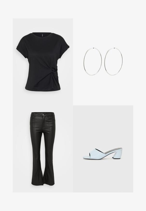 Mustmust läikiv T-särk ümmarguse kaeluse, lühikeste varrukate ja keerduvate sõlmede detailiga taljes, millel on sile tekstuur.; Mustad flared püksid läikiva, nahataolise tekstuuriga, ees taskutega, nööpkinnitusega ja külgsliteedega alläärs.; Heledad heles sinine avatud varvaga, geomeetrilise disainiga, laia rihmaga jala kohal ja nurga all oleva paksu kontsaga.; Hõbedased rõngaskõrvarõngad, millel on sujuv, ümmargune disain ja poleeritud viimistlus. Need on õhukesed ja kerged, omades lihtsat klambrit.