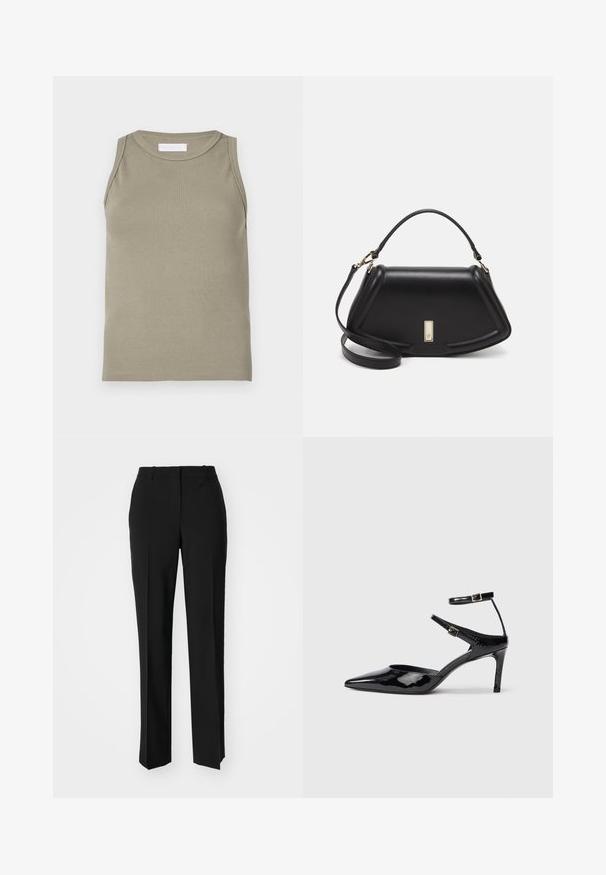 Ribbed tank top in olive green, featuring a round neckline and sleeveless design. Made from soft, stretchy material with a fitted silhouette.; Black tailored trousers with a straight-leg design, featuring a smooth texture and crisp creases along the front. No visible hardware.; Black patent leather heels with a pointed toe, adjustable ankle straps, and a slender heel. Smooth texture with a shiny finish.; Black leather handbag with a structured design, featuring a cropped shape, top handle, and gold hardware accent. Adjustable shoulder strap included.