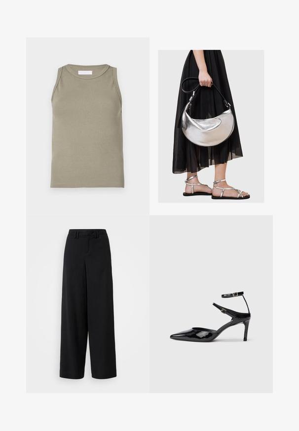 Maiou cu nervuri, verde măsliniu, având un decolteu rotund și design fără mâneci. Confecționat dintr-un material moale și elastic, cu o siluetă ajustată.; Pantaloni negri cu picioare lărgi, confecționați dintr-un material neted, cu un design frontal plat, detalii pliate și bucle pentru curea la talie.; Cizme cu toc din piele lacuită neagră, cu vârf ascuțit, curele reglabile la gleznă și un toc subțire. Textură netedă cu un finisaj lucios.; Geantă din piele metalică argintie, cu o formă curbată, în formă de jumătate de lună, și curea neagră. Pură cu o fustă neagră, fină și fluidă, și sandale argintii.