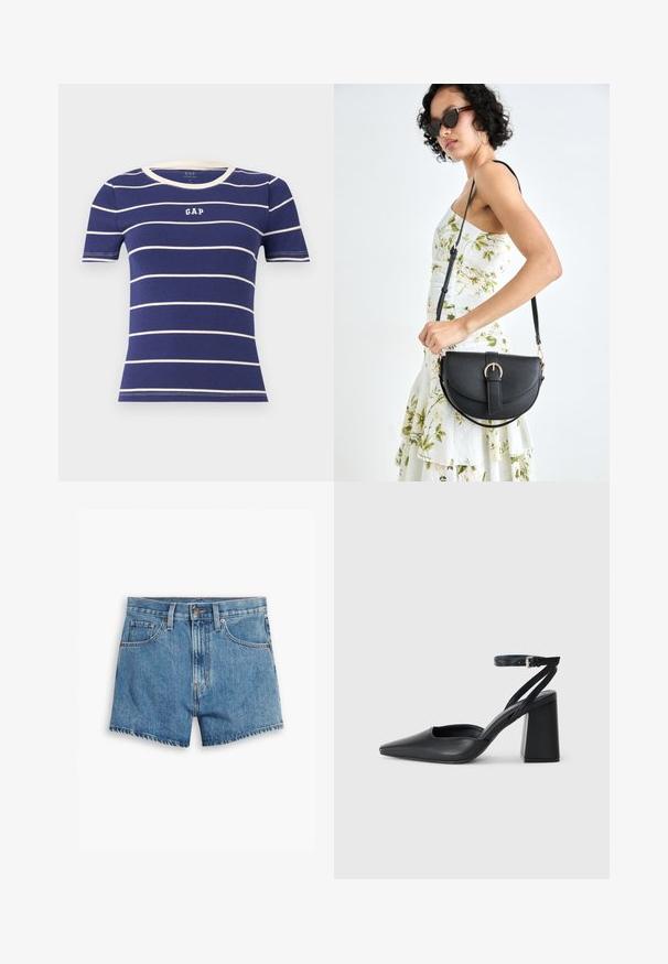 Jūras zilo īso piedurknju T-kreklu ar horizontālām baltām svītrām, piedāvā apaļu ribotu apkakli un baltu "GAP" logo priekšpusē.; Gaiši zili džinsu šorti, kas aprīkoti ar piecām kabatām, rāvējslēdzēja aizdari un pogu aizdari. Apakšmala ir saplēsta, un izskats ir brīvs.; Melna ādas augstpapēžu kurpe ar norakstīto purngala formu, potītes siksniņu un masīlu papēdi. Gluda tekstūra, elegants dizains un minimālisma estētika.; Melnas ādas rokassoma ar izliekta formu, noņemamu siksnu un zelta aksesuāriem. Somai ir vāciņš ar sprādzes detaļu.