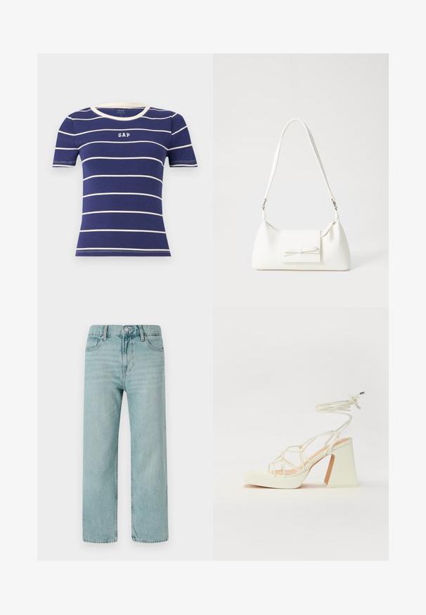 T-paita, lyhythihainen, tummansininen, vaaleansinisillä vaakasuorilla raidoilla, jossa on pyöreä ribbauskaulus ja etupuolella valkoisella "GAP"-logo.; Vaaleansiniset leveälahkeiset farkut, joissa on klassinen viisi-taskuinen muotoilu, puhtaat linjat sekä normaali vyötärö napp closurella.; Valkoinen korkokenkä, jossa on paksu korko, ja joka sisältää nauhakiinnityksen ja nilkkaketjun. Sujuva pinta, jossa on platform-etupohja lisäkorkeutta varten.; Valkoinen synteettinen käsilaukku, jossa on kolmikulmainen muoto, tasainen etu läppä ja nauhadetail, säädettävä olkahihna, sileä rakenne ja minimalinen muotoilu.