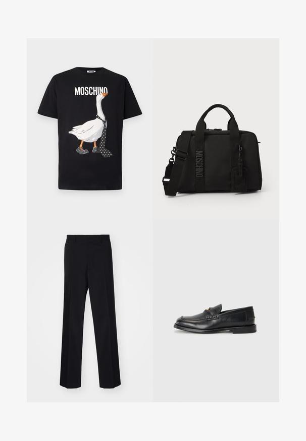 Fekete póló, amelyen egy fehér liba grafikája látható, pöttyös nyakkendőt és fekete cipőt viselve. A "Moschino" felirat fehér betűkkel a minta fölött található.; Fekete, széles szárú, szabott nadrág sima textúrával és éles redőkkel, szőtt anyagból készült.; A fekete bőrcipők lekerekített orral, varrott részletezéssel és egy apró arany díszítéssel rendelkeznek az elején. A talp lapos és diszkrét.; Fekete szövet táska dupla fogantyúval és levehető vállpánttal. Dombornyomott logóval és bőr címkével rendelkezik. Sima textúrájú, téglalap alakú.