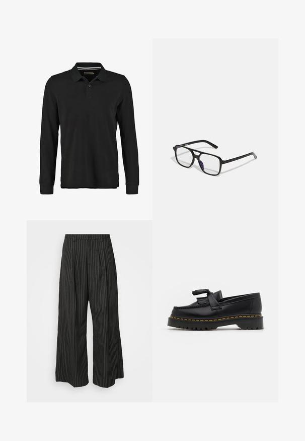 Musta pitkähihainen polo-paita, joka on valmistettu puuvillasta. Siinä on kaksipainikeinen nappilista, ribbauspaita sekä hienovarainen raidallinen yksityiskohta kauluksen alla.; Mustat pinstripe-linjaiset leveälahkeiset housut, joissa on pleateja, taidokkaalla muotoilulla ja pehmeällä tekstuurilla. Ei näkyvää metalliosia tai koristeita.; Musta nahkakengät, joissa on tupsuakkentti, paksu musta pohja ja keltainen ommel reunassa. Rakeinen pinta.; Mustat suorakulmaiset glasses, joissa on kirkkaat linssit ja hienovarainen violetti sävy, joissa on tyylikkäät eläimet ja minimalistinen muotoilu.