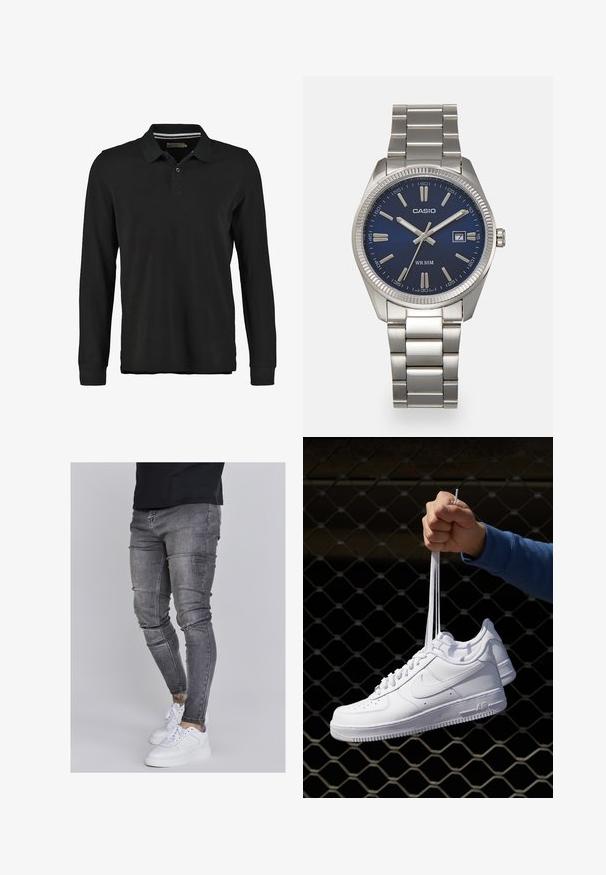 Zwarte lange mouwen polo shirt van katoen. Voorzien van een twee-knopen flap, geribbelde kraag en subtiele streepdetails onder de kraag.; Skinny jeans in vervaagd grijs denim, met versleten details op de knieën, gecombineerd met witte sneakers. Gladde textuur, slank model.; Witte leren sneakers met perforaties, ronde neus, vlakke zool en dikke veters, met een zichtbare swoosh-logo en "AIR" op de hiel.; Zilveren roestvrijstalen horloge met een marineblauwe wijzerplaat, metalen uurmarkeringen en een datumnis op 3 uur. Waterbestendig tot 50 meter.