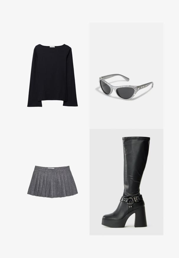 Black long-sleeve top made of soft cotton. Features a wide neckline, relaxed fit, and slightly flared sleeves. No visible patterns or hardware.; Grey pleated skirt made of textured fabric. Features a fitted waistband and multiple vertical pleats, creating a structured silhouette.; Black knee-high platform boots with a glossy finish, featuring a wide block heel and a buckle strap accent at the ankle.; Silver cat-eye sunglasses with dark lenses, embellished with clear gem accents along the frame. Matte finish with curved temple design.; Black crescent-shaped handbag with colorful floral print and knotted handles, featuring a small metallic logo on the bottom right side.