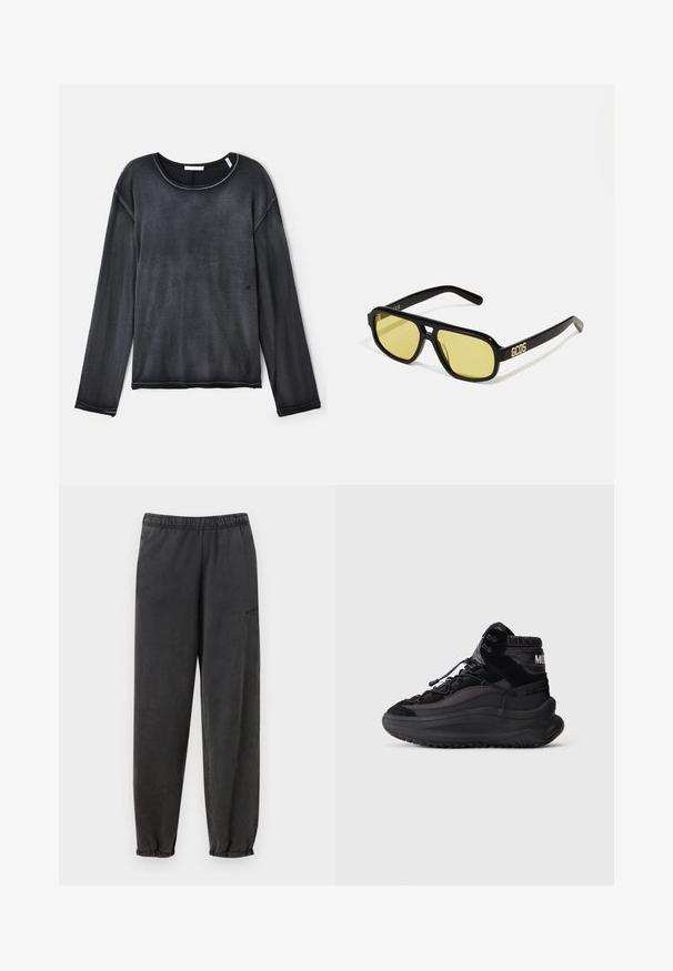 Long-sleeve, crew neck top in dark gray with a soft texture, featuring contrasting stitching and a relaxed fit. Minimalist design with no patterns.; Han Kjøbenhavn REGULAR PANTS UNISEX - Tracksuit bottoms - grey; Black high-top sneaker with thick sole, lace-up front, padded ankle collar, and textured side panels on a plain light background.; GCDS UNISEX - Sunglasses - shiny black