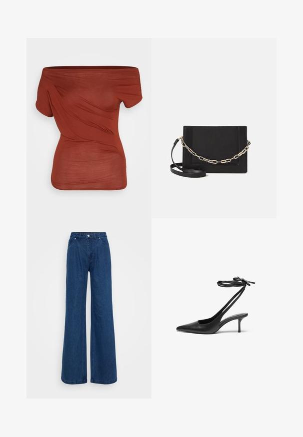 Kerge kangast punane õlgadelt avatud topp. Omab sleek disaini koos peente rippuvate detailide ja lühikeste varrukatega. Sile tekstuur.; Hallise jalgadega sinised denim püksid kõrge vöökohaga, ees nupuga ja tõmbluku sulguri ning ees ja taga taskutega, lihtsa tausta ees.; Must musta stiletto kingad terava ninaga, avatud seljaosa ja pahkluu rihmadega, mis on seotud kaareks. Kitsa 3-tollise kontsaga. Sile tekstuur, minimalistlik disain.; Mustast nahast õlakott, mis omab siledat tekstuuri, ristküliku kuju ning esiküljel metallketi detaili. Reguleeritav rihm on kaasas.