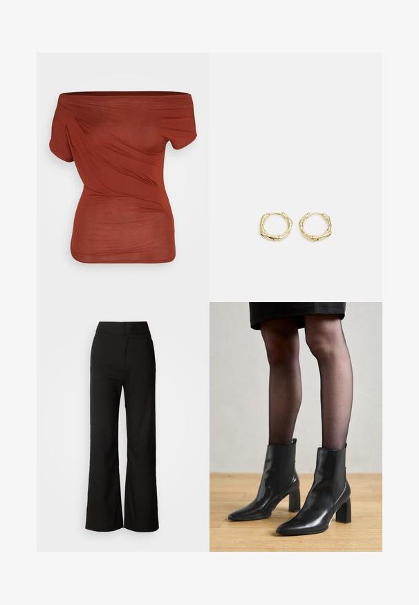 Červený top bez ramínek vyrobený z lehké látky. Má elegantní design s jemným drapováním a krátkými rukávy. Hladký povrch.; Černé kalhoty se širokými nohavicemi, hladkou texturou, vysokým pasem a čistým designem. Bez viditelných kapes nebo ozdob.; Černé kožené kotníkové boty s špičatou špičkou, robustním čtvercovým podpatkem a elegantním designem. Obsahují elastické boční panely pro snadné obouvání.; Zlaté kruhové náušnice s texturovaným, nepravidelným tvarem. Disponují bezproblémovým uzávěrem a leštěným povrchem, což zdůrazňuje moderní design.