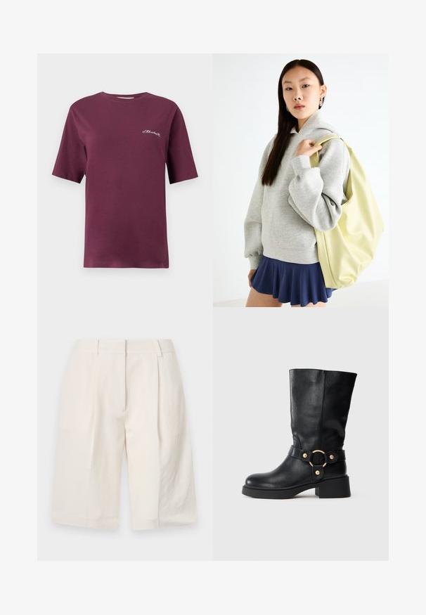Tricou din bumbac burgund cu mâneci scurte, guler rotund și text mic brodat alb pe față. Textură netedă și croială lejeră.; Shorts din in cu fir alb, cu un design tailored, față pliată și deschideri largi pentru picioare. Textură netedă și lungime până la mijlocul coapsei.; Botă de piele neagră până la jumătatea gambei, cu toc masiv și curea decorativă ce prezintă o cataramă circulară aurie, pe un fundal alb.; Hanorac oversized gri cu buzunar tip kangaroo, asociat cu o fustă albă cu volane de culoare bleumarin. Accesoriu: rucsac mare de un galben deschis, cu textură netedă.