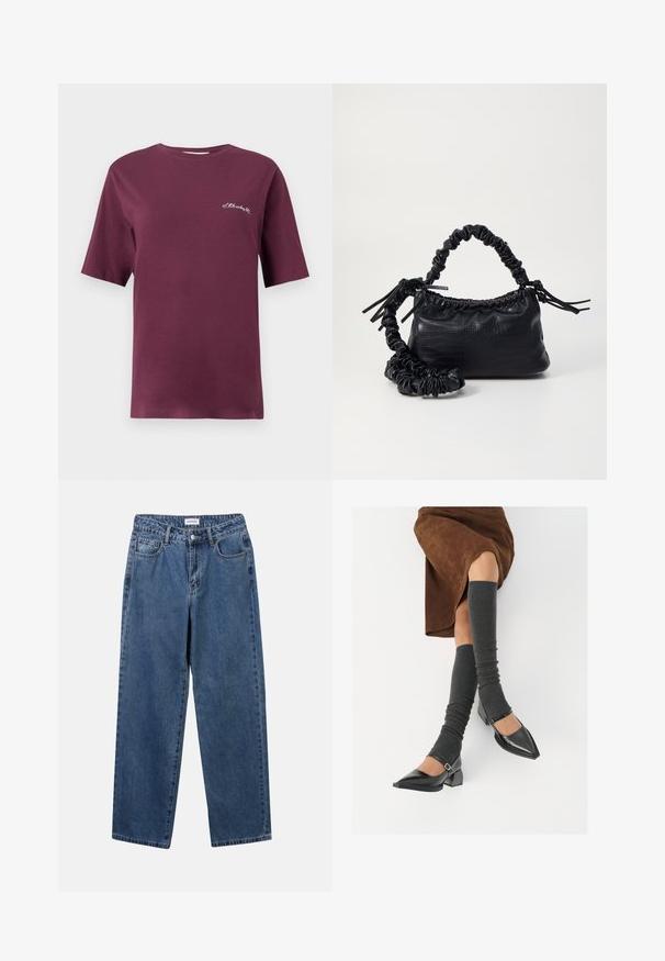 Burgundy cotton T-shirt with short sleeves, crew neck, and small white embroidered text on the front. Smooth texture and relaxed fit.; Classic blue denim jeans with a straight-leg design, five pockets, and a button closure. Features a medium wash and sturdy texture.; Black patent leather pointed-toe shoes with a block heel and ankle strap, paired with gray ribbed leg warmers and a brown suede skirt.; Black faux leather handbag with a crocodile texture, cinched top, and a scrunched strap. Appears soft and compact in design.