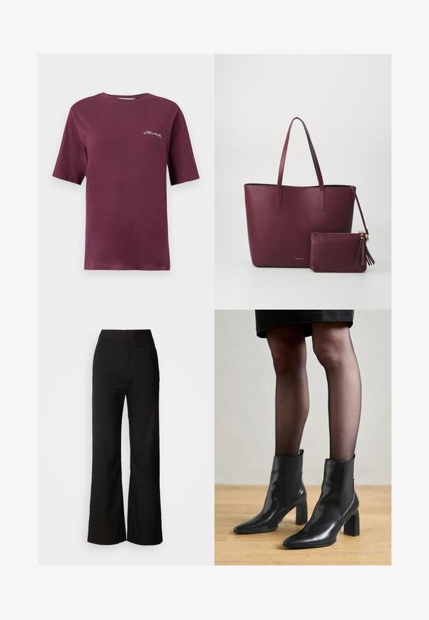 Burgunderfarbene Baumwoll-T-Shirt mit kurzen Ärmeln, Rundhalsausschnitt und kleinen weißen gestickten Text auf der Vorderseite. Glatte Textur und entspannte Passform.; Schwarze weit geschnittene Hosen mit glatter Textur, hoher Taille und klarem Design. Keine sichtbaren Taschen oder Verzierungen.; Schwarze Leder-Ankle-Boots mit spitzer Zehenform, klobigem quadratischem Absatz und schlankem Design. Verfügt über elastische seitliche Einsätze für leichtes An- und Ausziehen.; Burgunderfarbene vegan-lederne Tragetasche mit zwei stabilen Griffen, ausgestattet mit einem passenden Reißverschlussbeutel mit Quastenakzent. Glatte, strukturierte Oberfläche.; Goldene Creolen mit einer strukturierten, unregelmäßigen Form. Sie verfügen über einen nahtlosen Verschluss und eine polierte Oberflächenbehandlung, die ein modernes Design betont.
