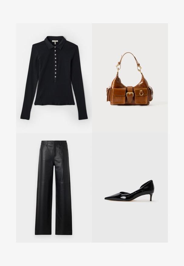 Schwarz langärmliges Polohemd mit geripptem Design, Knopfleiste und schmaler Passform. Mit klassischem Kragen und seitlichen Schlitzen.; Weite schwarze Lederhosen mit glatter Textur, ausgestattet mit Fronttaschen, einem Knopfverschluss und dezenten Steppnähten.; Schwarze Lackleder-Damenschuhe mit spitzem Zeh und niedrigem Absatz, im Profil auf einem schlichten hellgrauen Hintergrund dargestellt.; Braune Lederhandtasche mit geschwungener Form, doppelter goldfarbener Hardware, zwei Fronttaschen und einem breiten Tragegurt. Glatte Textur mit elegantem Finish.