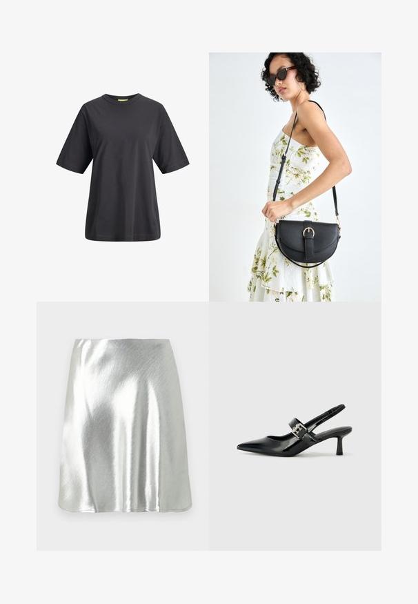 Crna pamučna majica s okruglim izrezom, kratkim rukavima i opuštenim krojem. Glatka tekstura i jednostavan dizajn bez printova ili uzoraka.; Srebrnometalna mini suknja s glatkom teksturom i blagim sjajem. Ima široki kroj i jednostavan, uredan rub.; Crne lakirane slingback potpetice s oštrim prstom i malom blok petom, s naglaskom na srebrnoj kopči na remenu.; Crna kožna torba s lukovitim oblikom, odvojivim remenom i zlatnim detaljima. Torba ima preklop s kopčom.
