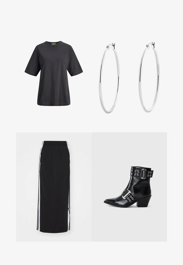 Crna pamučna majica s okruglim izrezom, kratkim rukavima i opuštenim krojem. Glatka tekstura i jednostavan dizajn bez printova ili uzoraka.; Crna sportska suknja s bijelim bočnim prugama, elastičnom waistband-om i logotipom. Izrađena od prozračnog materijala, dužine do koljena.; Crne kožne gležnjače s šiljastim vrhom, srebrnim kopčama i dvije trake s rupicama. Niski blok peta za dodatnu stabilnost.; Srebrne naušnice u obliku kružnice s glatkom, poliranom površinom i tankim, okruglim oblikom. Dizajn uključuje sigurno kopčanje.