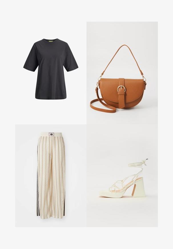 Musta puuvillapaita, jossa on pyöreä kaulus, lyhyet hihat ja rento istuvuus. Sujuva pinta ja yksinkertainen muotoilu ilman printtejä tai kuvioita.; Valkoiset leveälahkeiset housut, joissa on sahalaitakuvio, musta logovyötärö ja sivuilla mustat raidat. Kevyt, teksturoitu kangas.; Valkoinen korkokenkä, jossa on paksu korko, ja joka sisältää nauhakiinnityksen ja nilkkaketjun. Sujuva pinta, jossa on platform-etupohja lisäkorkeutta varten.; Ruskean nahkainen olkalaukku, jossa on kaareva muoto, kultaiset yksityiskohdat ja solkiyksityiskohta. Varustettu irrotettavalla olkahihnalla.