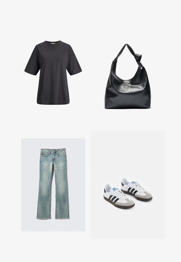 Juodas medvilninis marškinėliai su apvalia iškirpte, trumpomis rankovėmis ir laisvu siluetu. Lygi tekstūra ir paprastas dizainas be spaudinių ar raštų.; Šviesiai mėlyni džinsai su šiek tiek išblukusiais ratlankiais, penkiomis kišenėmis, mygtuko uždarymu ir tiesiomis kojomis, ant baltos fono.; Sportiniai batai su balta odine viršutine dalimi, pilku zomšiniu priekiu ir trimis juodomis juostelėmis. Ant liežuvio yra mėlynas logotipas, o padas pagamintas iš tekstūruoto gumos.; Juoda neryški oda megzta moteriška rankinė su laisvu dizainu, turinti mazginį diržą ir mažą dekoratyvinį auksinį studą viršuje.