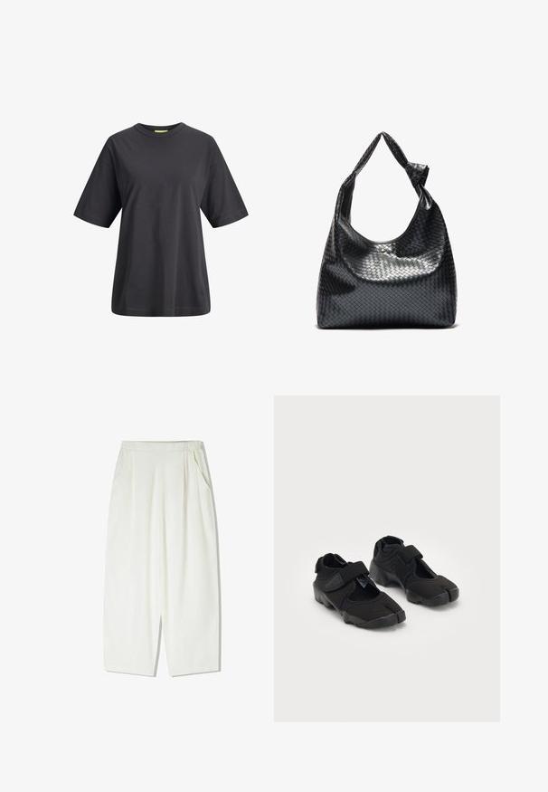 Black cotton t-shirt with a crew neck, short sleeves, and a relaxed fit. Smooth texture and simple design without prints or patterns.; Loose-fitting, knee-length white pants made from a lightweight fabric, featuring side pockets and a gathered elastic waistband.; Black water shoes made of flexible fabric with a Velcro strap, featuring a unique split-toe design and textured rubber sole for grip.; Black woven leather handbag with a slouchy design, featuring a knotted strap and a small decorative gold stud at the top.