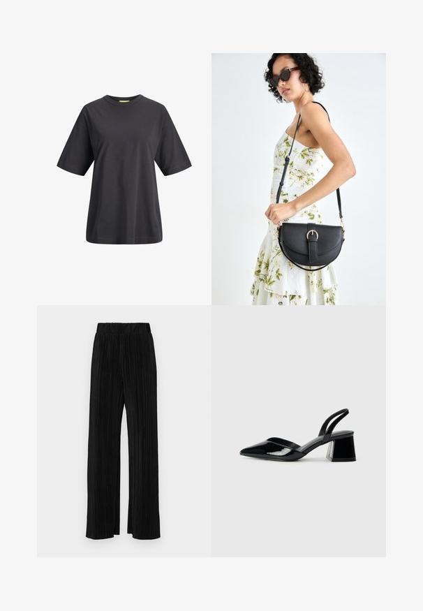 Svart bomulls t-skjorte med rund hals, korte ermer og en avslappet passform. Glatt tekstur og enkelt design uten trykk eller mønstre.; Sorte plisserte bukser med elastisk midje. Har vide ben og et glatt, strukturert stoff med vertikale striper.; Svarte patentlær slingback hæler med spiss tå og geometrisk blokk hæl. Har et stilrent, minimalistisk design og jevn tekstur.; Svart lærveske med en buet form, avtagbar stropp og gullbeslag. Vesken har et klaff med spenne-detall.