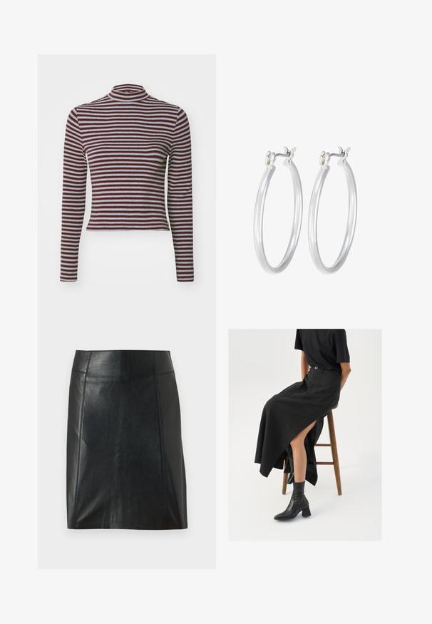 Levi's® EEFFORTLESS TEE - Pikkade varrukatega topp - burgundy; Mustast nahast seelik, millel on kohandatud disain. Sile tekstuur, õmblused, mis rõhutavad vormi, ja sirge äär. Minimalistlik ja stiilne välimus.; Must mustriga mustri, kõrge lõhiku ja musta T-särgiga, koos mustade ankle kingadega. Minimalistlik disain, lõtv istuvus.; Hõbedased rõngaskõrvarõngad, millel on sile, läikiv viimistlus. Ümmargune kuju ja turvaline klõpsulatus. Kerge disain, sobib igapäevaseks kandmiseks.