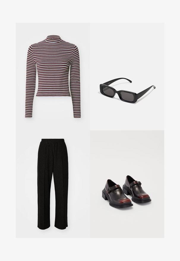 Levi's® EEFFORTLESS TEE - Camisola de manga comprida - burgundy; Calças largas e pretas com riscas verticais brancas, apresentando uma cintura elástica para conforto e uma textura suave e macia.; Sapatos de tacão bloco em couro com acabamento brilhante em bordeaux escuro, apresentando uma tira com fivela e design de bico arredondado. Sola texturizada para melhor aderência.; Óculos de sol retangulares pretos com lentes escuras, acabamento brilhante, braços largos e um design de armação robusto. Nome da marca gravado em um dos braços.