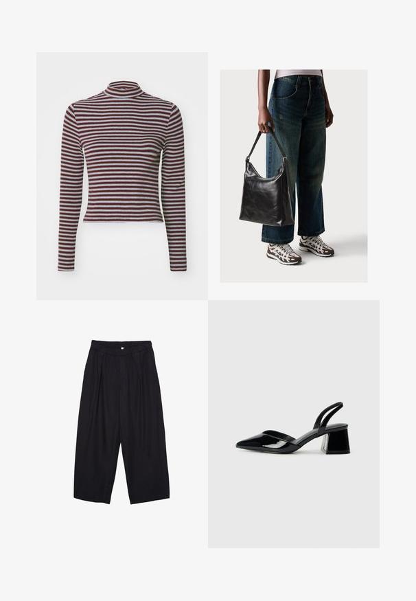 Levi's® EEFFORTLESS TEE - Langarmshirt - burgundy; Schwarze Polyester-Culotte mit einem elastischen Bund, zwei vorderen Falten und einer lockeren Silhouette. Keine sichtbaren Muster oder Hardware-Details.; Schwarze Lackleder-Slingback-High Heels mit spitzem Schuh und einem geometrischen Blockabsatz. Verfügt über ein schlankes, minimalistisches Design und eine glatte Textur.; Schwarze Leder-Schultertasche mit glatter Textur und verstellbarem Riemen, kombiniert mit ausgewaschenen weit geschnittenen Jeans und sportlichen Sneakern.