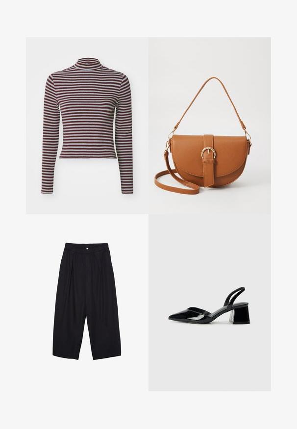 Levi's® EEFFORTLESS TEE - Langarmshirt - burgundy; Schwarze Polyester-Culotte mit einem elastischen Bund, zwei vorderen Falten und einer lockeren Silhouette. Keine sichtbaren Muster oder Hardware-Details.; Schwarze Lackleder-Slingback-High Heels mit spitzem Schuh und einem geometrischen Blockabsatz. Verfügt über ein schlankes, minimalistisches Design und eine glatte Textur.; Braune Leder-Crossbody-Tasche mit geschwungener Form, goldfarbenen Beschlägen und einer Schnallenakzentuierung. Verfügt über einen abnehmbaren Schultergurt.