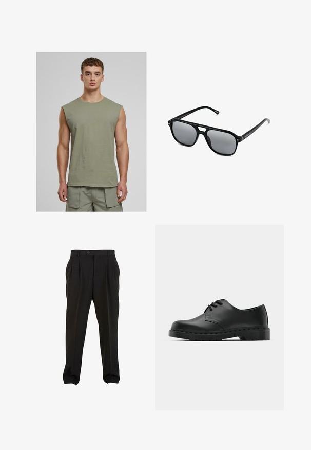 Urban Classics OPEN EDGE SLEEVELESS - Top - paleolive; Zwarte broek van gladde stof, met voorplooien, een knopenband en taps toelopende enkelboorden. Klassieke taillering.; Zwarte leren oxford schoenen met vetersluiting, ronde neus, platte rubberen zool en subtiele stiksel details langs het bovenwerk.; Zwarte zonnebril met rechthoekige montuur, grijs getinte glazen en een uitgesneden ontwerp bij de neusbrug. Strak, glanzend kunststof materiaal met smalle veren.