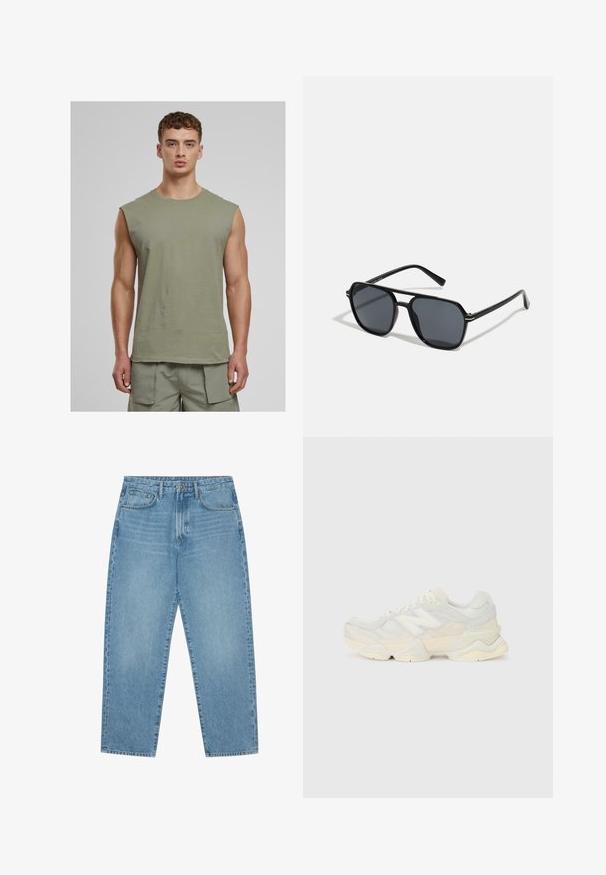 Urban Classics OPEN EDGE SLEEVELESS - Viršus - paleolive; Šviesiai mėlyni džinsai su plačiomis kojomis ir aukštu liemeniu, turintys penkias kišenes, diržo kilpas ir švelnų, šiek tiek išblukusį tekstūrą.; Lengvas sportinis batelis su tinklinio ir zomšinės viršutine dalimi švelniu kremo atspalviu, turi masyvų pado dizainą ir trimatį akcentą.; Juodos akiniai nuo saulės su aštuonkampiu rėmeliu, tamsiais objektyvais, blizgiu paviršiumi, plonomis šakutėmis ir auksinėmis akcentais priekyje.