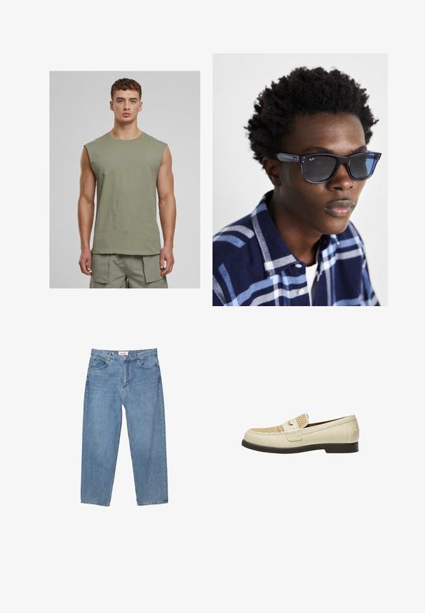 Urban Classics OPEN EDGE SLEEVELESS - Top - paleolive; Hellblaue Denim-Jeans mit geradem Schnitt, Fünf-Taschen-Design und einem sichtbaren Markenlabel am Bund.; Beige Lederloafers mit gewebtem Detail an der Zehe und einer flachen braunen Sohle. Mit einem dekorativen Riemen an der Vorderseite.; Blaue Ray-Ban Sonnenbrillen mit glänzender Oberfläche, quadratischer Form und dunklen Gläsern; getragen mit einem karierte Hemd in Marineblau und Hellblau.