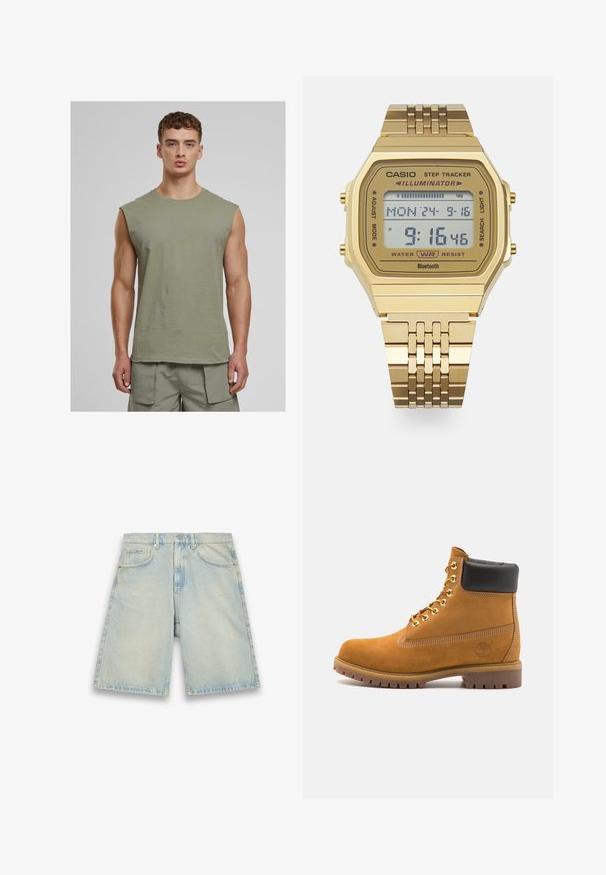 Urban Classics OPEN EDGE SLEEVELESS - Top - paleolive; Svetlo modré džínsy šortky s voľným strihom, piatimi vreckami, ľahkým opotrebovaním a viditeľným šitím. Obsahujú zapínanie na gombík a zips.; Tyrkysové semišové členkové topánky s čiernym polstrovaným golierom, zlatými kovovými očkami, bielym prešívaním a robustnou gumovou podrážkou s výraznými drážkami.; Zlatý digitálny náramkový hodiniek s obdĺžnikovým čelom, funkciou sledovania krokov, vodotesnosťou a kovovým náramkom. Zobrazuje čas a dátum.