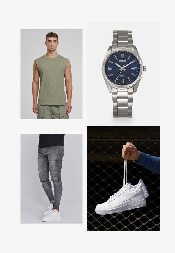 Urban Classics OPEN EDGE SLEEVELESS - Top - paleolive; Blugi skinny din denim gri estompat, cu detalii uzate la genunchi, asortați cu adidași albi. Textură netedă, design slim fit.; Adidași albaștri din piele cu perforații, vârf rotund, talpă plată și șireturi groase, cu un logo swoosh vizibil și cu inscripția "AIR" pe toc.; Ceas de mână din oțel inoxidabil argintiu cu un cadran albastru marin, marcaje orare metalice și o fereastră pentru dată la ora 3. Rezistent la apă până la 50 de metri.