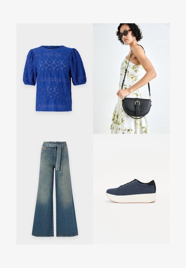 Blusa de encaje azul con mangas cortas abullonadas, que presenta un patrón de diamantes y círculos, cuello redondo y un diseño ligero y texturizado.; Pantalones de mezclilla de pierna ancha con un degradado de azul claro a oscuro, cintura alta, trabillas para cinturón y un cinturón de tela a juego. Acabado de mezclilla texturizada.; Zapatilla de color azul marino con parte superior de tejido texturizado, suela de plataforma blanca, punta redondeada y acento en el talón negro. Cuenta con seis ojales para los cordones.; Bolso de piel negra con forma curva, correa desmontable y herrajes dorados. El bolso cuenta con una solapa con un detalle de hebilla.