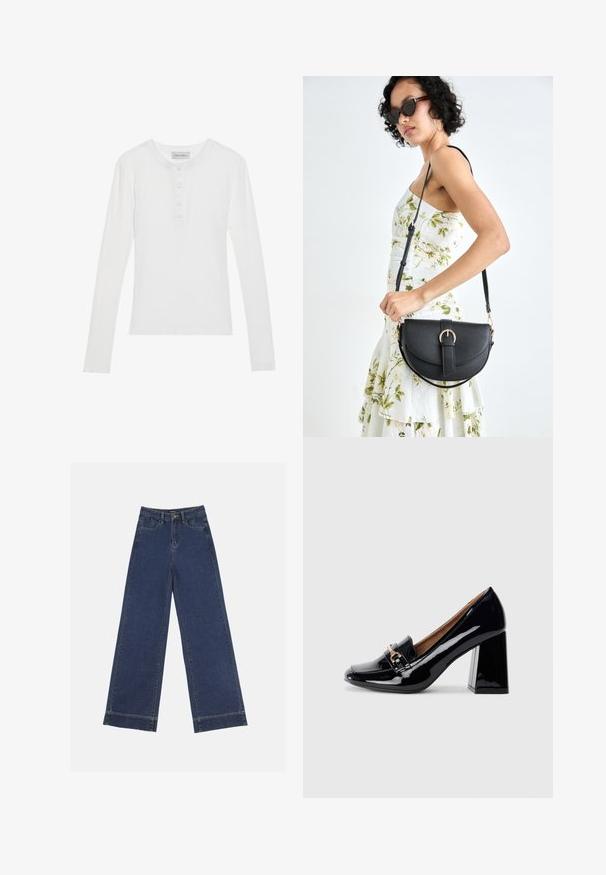 Biała koszula z długim rękawem o prążkowanej strukturze, zaokrąglonym dekolcie, z zapięciem na trzy guziki i miękkim materiale. Etykieta marki widoczna przy kołnierzu.; Jeans o szerokich nogawkach w ciemnoniebieskim dżinsie. Posiada pięć kieszeni, szlufki na pasek oraz surowy dół z widocznymi detalami szwów.; Czarne lakierowane szpilki z ostrym noskiem i słupkowym obcasem. Posiadają dekoracyjny pasek oraz detal klamry na cholewie.; Czarna skórzana torebka o zakrzywionym kształcie, z odpinanym paskiem i złotymi akcentami. Torebka posiada klapę z zapięciem w kształcie klamry.